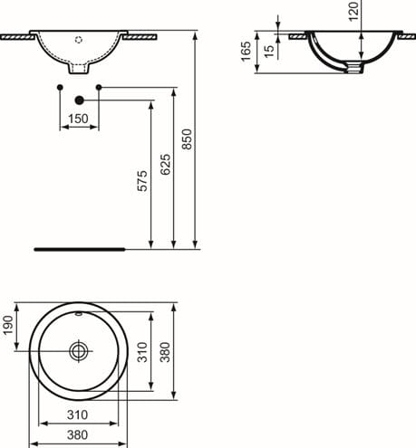 IDEAL STANDARD CONNECT umývadlo 38 cm, s prepadom E505101 Technický nákres