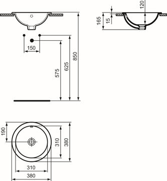 IDEAL STANDARD CONNECT umývadlo 38 cm, s prepadom E505101 Technický nákres