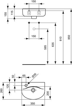 IDEAL STANDARD CONNECT umývadielko 35 cm, s otvorom pre batériu vľavo a prepadom E791201 Technický nákres