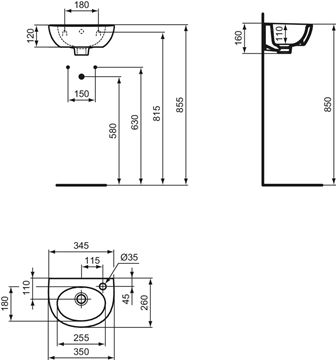IDEAL STANDARD SIMPLICITY umývadielko 35 cm, s otvorom pre batériu vpravo a prepadom E871601 Technický nákres