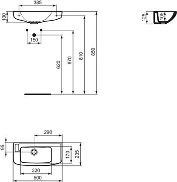 IDEAL STANDARD EUROVIT umývadielko 50 cm, bez prepadu R421001 Technický nákres