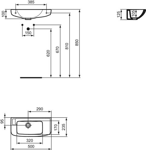 IDEAL STANDARD EUROVIT umývadielko 50 cm, bez prepadu R421001 Technický nákres