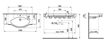 LAUFEN PALACE umývadlo 120 cm, s otvorom pre batériu a prepadom H8117040001041 Technický nákres