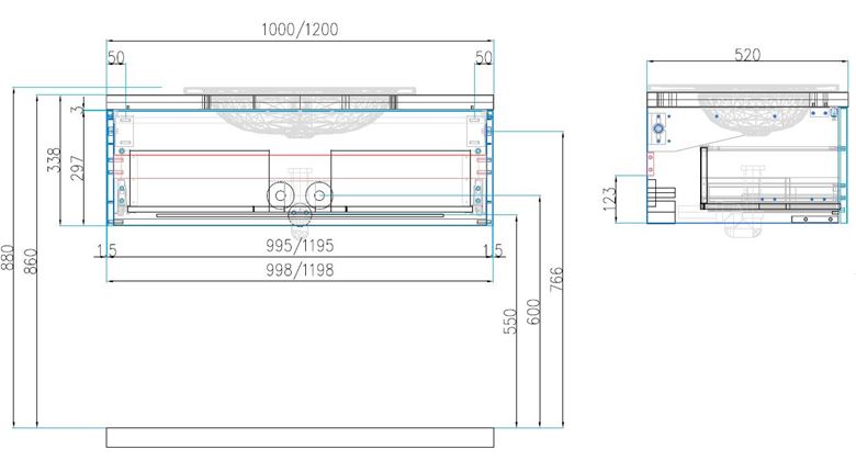 DŘEVOJAS COMO COM SZZ 120 skrinka pod umývadlo 120x52x33,8 cm, 1 zásuvka, Push-open, teak 808617 Technický nákres