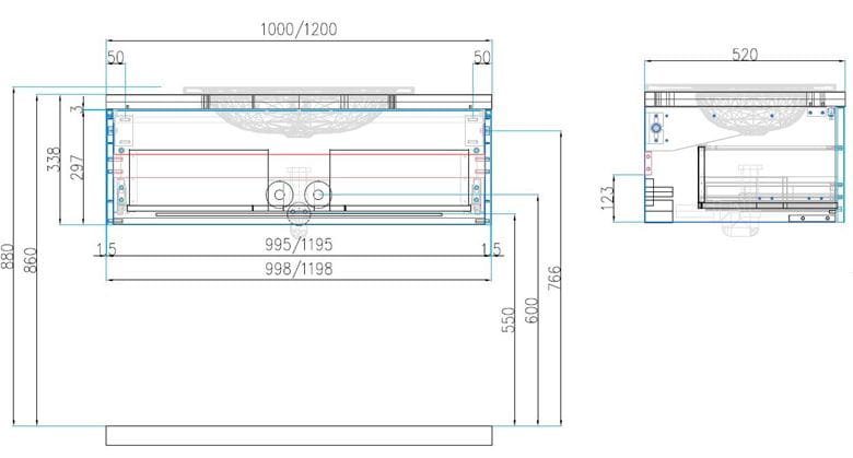 DŘEVOJAS COMO COM SZZ 120 skrinka pod umývadlo 120x52x33, 8 cm, 1 zásuvka, Push-open, colorado 808600 Technický nákres