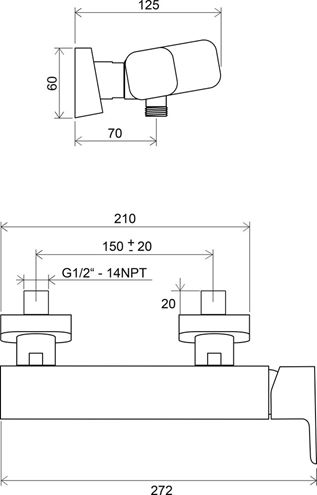 RAVAK 10° TD 032.00CR nástenná sprchová batéria, chróm X070066 Technický nákres