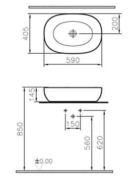 VITRA OUTLINE umývadlová misa 59 cm, bez prepadu, VitrAhygiene, matná čierna 5995B483-0016 Technický nákres