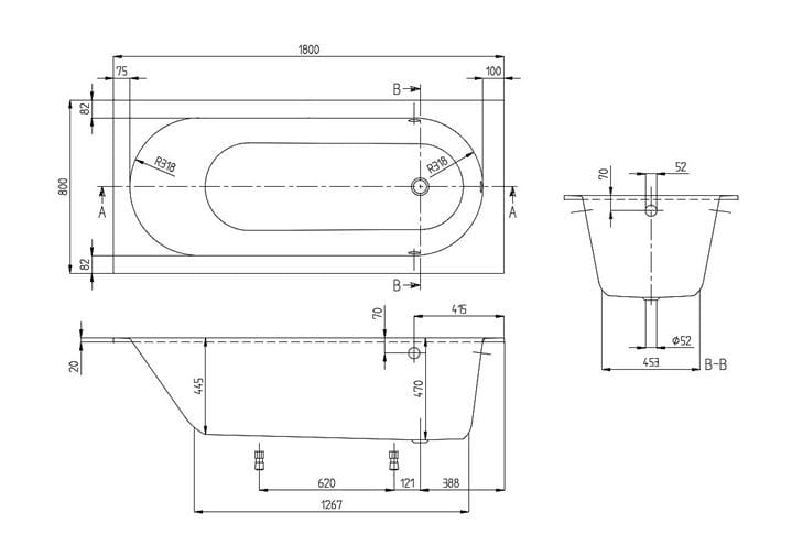 VILLEROY & BOCH OBERON vaňa 180x80 cm, s nožičkami, quaryl UBQ180OBE2V-01 Technický nákres