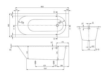 VILLEROY & BOCH OBERON vaňa 180x80 cm, s nožičkami, quaryl UBQ180OBE2V-01 Technický nákres