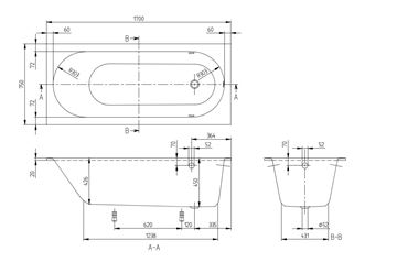 VILLEROY & BOCH OBERON vaňa 170x75 cm, s nožičkami, quaryl UBQ170OBE2V-01 Technický nákres
