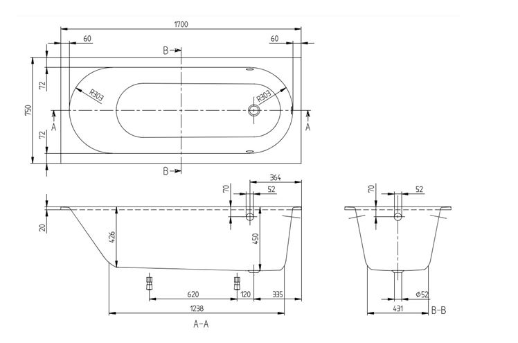 VILLEROY & BOCH OBERON vaňa 170x75 cm, s nožičkami, quaryl UBQ170OBE2V-01 Technický nákres