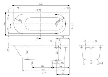 VILLEROY & BOCH OBERON vaňa 170x70 cm, s nožičkami, quaryl UBQ177OBE2V-01 Technický nákres