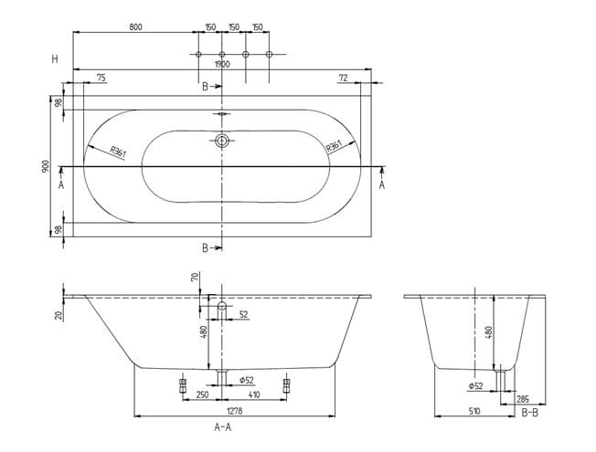VILLEROY & BOCH OBERON vaňa 190x90 cm, pre 2 osoby, s nožičkami, quaryl UBQ199OBE2V-01 Technický nákres