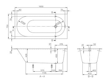 VILLEROY & BOCH OBERON vaňa 160x75 cm, s nožičkami, quaryl UBQ160OBE2V-01 Technický nákres