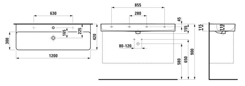 LAUFEN VAL umývadlo 120 cm, s 2 otvormi pre batériu a prepadom H8102890001071 Technický nákres