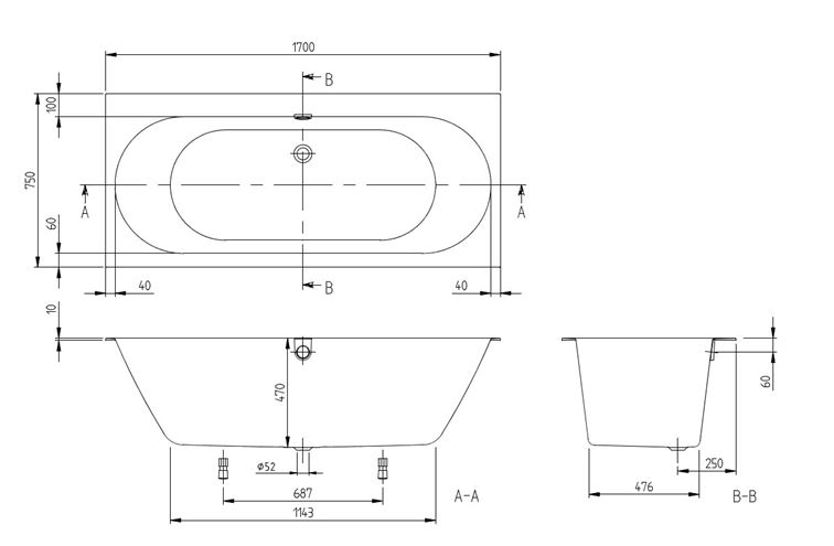 VILLEROY & BOCH OBERON 2.0 vaňa 170x75 cm, pre 2 osoby, s nožičkami, quaryl UBQ170OBR2DV-01 Technický nákres