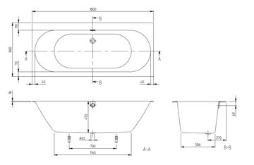VILLEROY & BOCH OBERON 2.0 vaňa 180x80 cm, pre 2 osoby, s nožičkami, quaryl UBQ180OBR2DV-01 Technický nákres