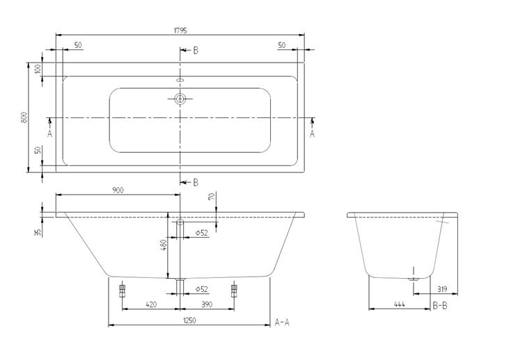 VILLEROY & BOCH SUBWAY vaňa 180x80 cm, pre 2 osoby, bez nožičiek, akrylát UBA180SUB2V-01 Technický nákres