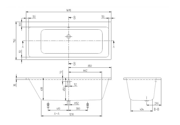 VILLEROY & BOCH SUBWAY vaňa 170x75 cm, pre 2 osoby, bez nožičiek, akrylát UBA170SUB2V-01 Technický nákres