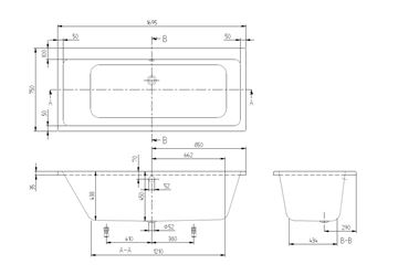 VILLEROY & BOCH SUBWAY vaňa 170x75 cm, pre 2 osoby, bez nožičiek, akrylát UBA170SUB2V-01 Technický nákres