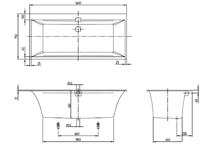 VILLEROY & BOCH SQUARO EDGE 12 vaňa 160x75 cm, pre 2 osoby, s nožičkami, quaryl UBQ160SQE2DV-01 Technický nákres