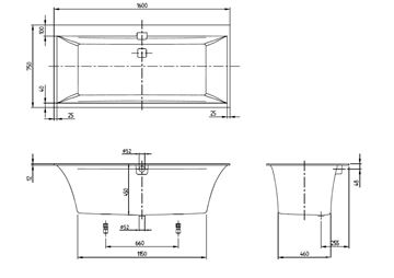 VILLEROY & BOCH SQUARO EDGE 12 vaňa 160x75 cm, pre 2 osoby, s nožičkami, quaryl UBQ160SQE2DV-01 Technický nákres