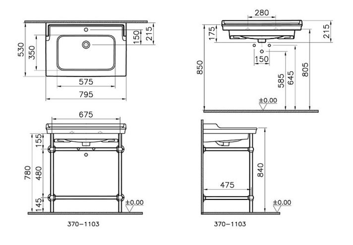 VITRA VALARTE VANITY umývadlo 80 cm, s otvorom pre batériu a prepadom, s kovovým podstavcom, VitrAhygiene 7802B003-6173 Technický nákres