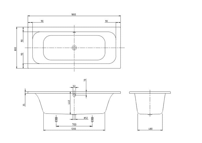 VILLEROY & BOCH LOOP & FRIENDS vaňa 180x80 cm, pre 2 osoby, bez nožičiek, akrylát UBA180LFS2V-01 Technický nákres