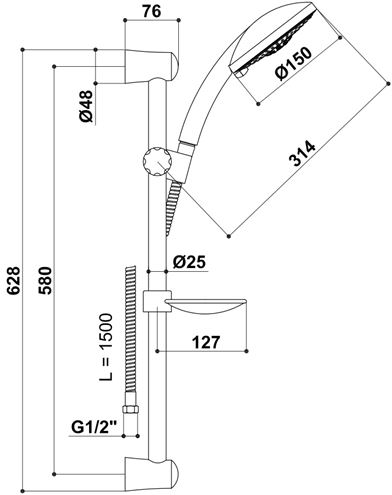 RAF GALA sprchová súprava 4-dielna, ručná sprcha pr. 150 mm, 3 prúdy, tyč, hadica, mydelnička, chróm SK506 Technický nákres