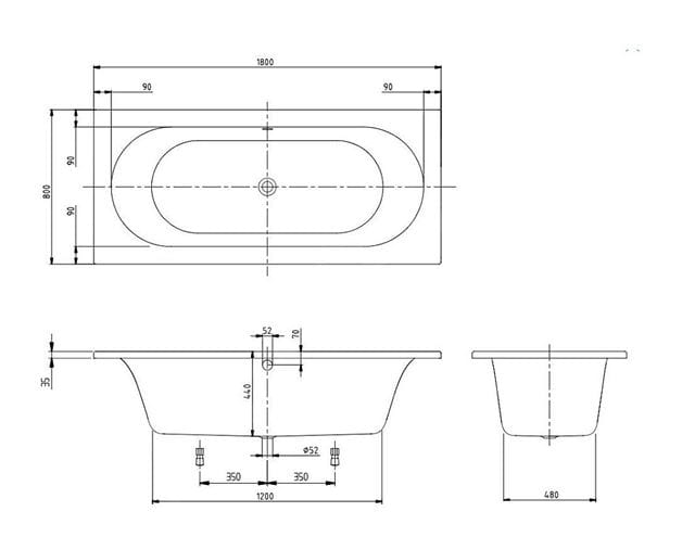VILLEROY & BOCH LOOP & FRIENDS vaňa 180x80 cm, pre 2 osoby, bez nožičiek, akrylát UBA180LFO2V-01 Technický nákres