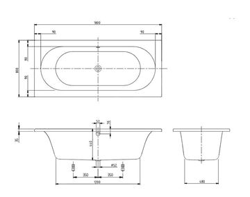VILLEROY & BOCH LOOP & FRIENDS vaňa 180x80 cm, pre 2 osoby, bez nožičiek, akrylát UBA180LFO2V-01 Technický nákres