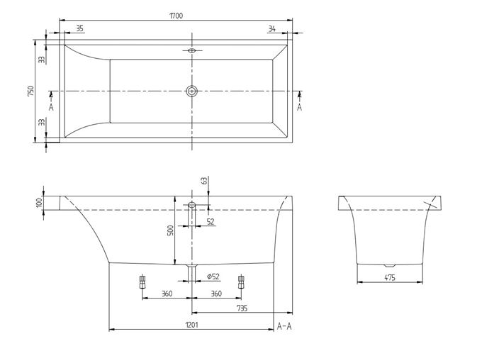 VILLEROY & BOCH SQUARO vaňa 170x75 cm, pre 2 osoby, s nožičkami, quaryl UBQ170SQR2V-01 Technický nákres