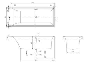 VILLEROY & BOCH SQUARO vaňa 170x75 cm, pre 2 osoby, s nožičkami, quaryl UBQ170SQR2V-01 Technický nákres