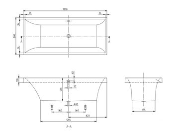 VILLEROY & BOCH SQUARO vaňa 180x80 cm, pre 2 osoby, s nožičkami, quaryl UBQ180SQR2V-01 Technický nákres