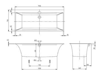 VILLEROY & BOCH SQUARO EDGE 12 vaňa 170x75 cm, pre 2 osoby, s nožičkami, quaryl UBQ170SQE2DV-01 Technický nákres