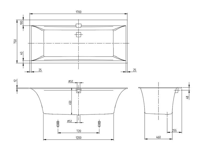 VILLEROY & BOCH SQUARO EDGE 12 vaňa 170x75 cm, pre 2 osoby, s nožičkami, quaryl UBQ170SQE2DV-01 Technický nákres