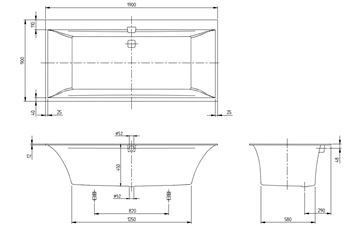 VILLEROY & BOCH SQUARO EDGE 12 vaňa 190x90 cm, pre 2 osoby, s nožičkami, quaryl UBQ190SQE2DV-01 Technický nákres