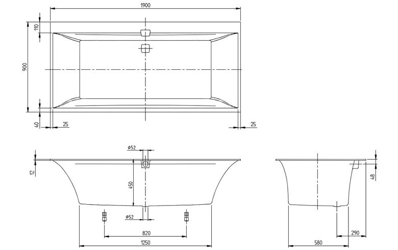VILLEROY & BOCH SQUARO EDGE 12 vaňa 190x90 cm, pre 2 osoby, s nožičkami, quaryl UBQ190SQE2DV-01 Technický nákres