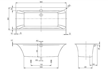 VILLEROY & BOCH SQUARO EDGE 12 vaňa 180x80 cm, pre 2 osoby, s nožičkami, quaryl UBQ180SQE2DV-01 Technický nákres