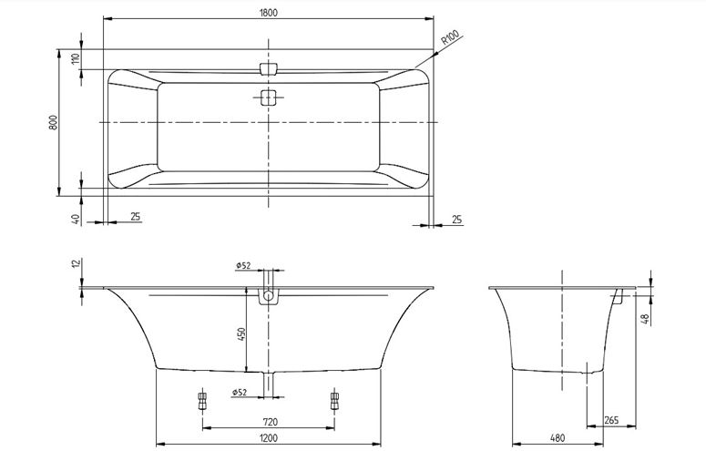 VILLEROY & BOCH SQUARO EDGE 12 vaňa 180x80 cm, pre 2 osoby, s nožičkami, quaryl UBQ180SQE2DV-01 Technický nákres