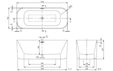 VILLEROY & BOCH FINION voľne stojaca vaňa 170x70 cm, pre 2 osoby, Emotion, quaryl UBQ177FIN7A100V101 Technický nákres