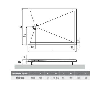 ROTH MARMO NEO SQUARE-R sprchová vanička 140x90 cm, liaty mramor, s nožičkami MAN SQ 140090 2E Technický nákres
