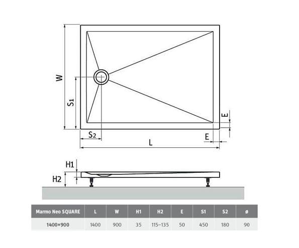ROTH MARMO NEO SQUARE-R sprchová vanička 140x90 cm, liaty mramor, s nožičkami MAN SQ 140090 2E Technický nákres