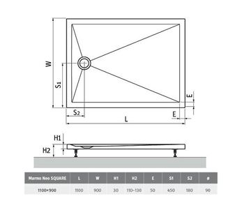 ROTH MARMO NEO SQUARE-R sprchová vanička 110x90 cm, liaty mramor, s nožičkami MAN SQ 110090 2E Technický nákres