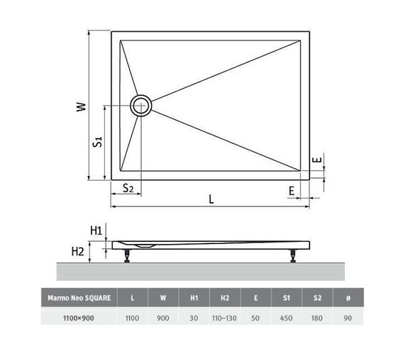 ROTH MARMO NEO SQUARE-R sprchová vanička 110x90 cm, liaty mramor, s nožičkami MAN SQ 110090 2E Technický nákres