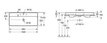 VILLEROY & BOCH COLLARO umývadlo 100 cm, s otvorom pre batériu a prepadom, brúsené, alpská biela 4A331G01 Technický nákres