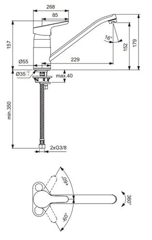 CONCEPT E50 drezová batéria, chróm B 1467 AA Technický nákres