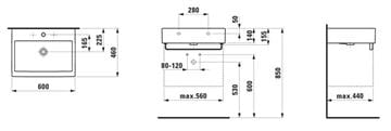 LAUFEN LIVING CITY umývadlo na dosku 60 cm, s otvorom pre batériu a prepadom, brúsené H8174340001041 Technický nákres