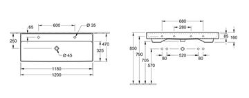 VILLEROY & BOCH COLLARO umývadlo 120 cm, s 2 otvormi pre batérie a prepadom 4A33C401 Technický nákres