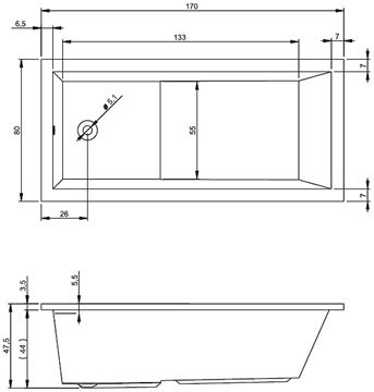 RIHO LUSSO PLUS vaňa 170x80 cm, bez nožičiek, akrylát B006001005 Technický nákres